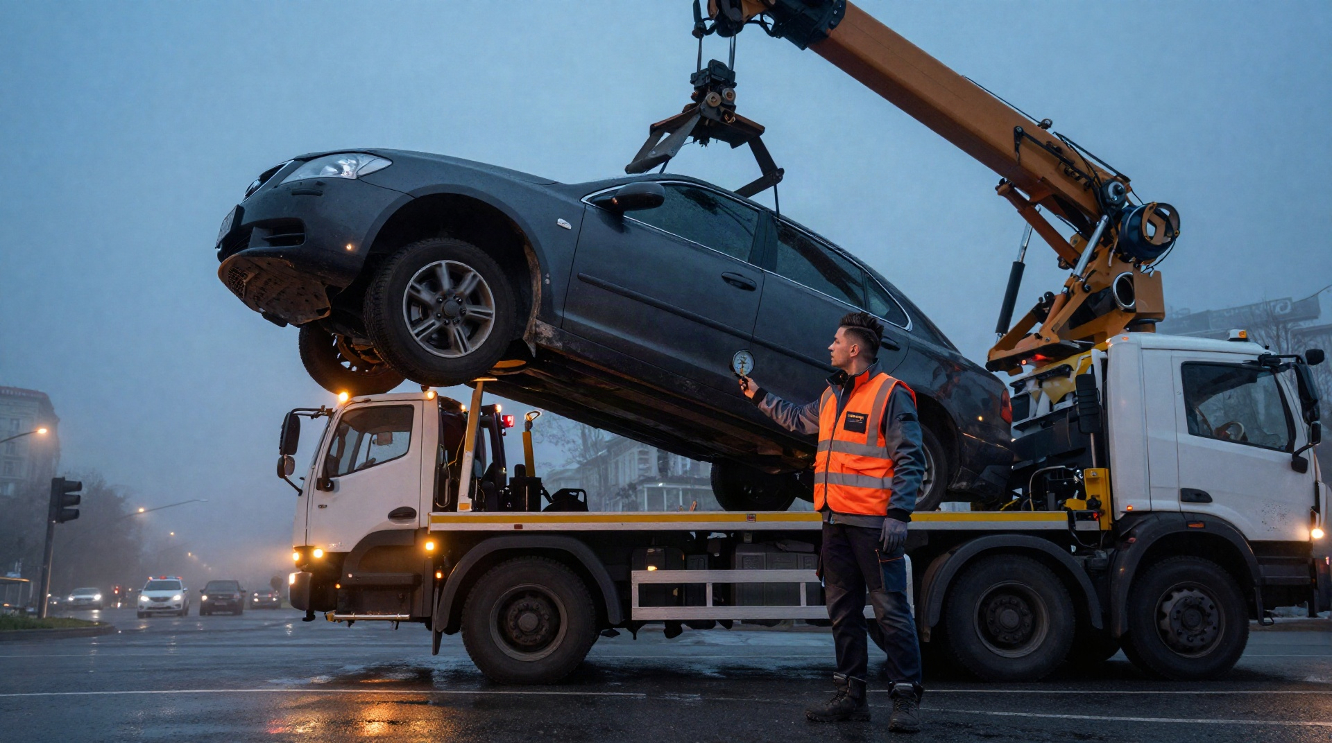 Эвакуатор с краном-манипулятором поднимает автомобиль с поломанной подвеской.